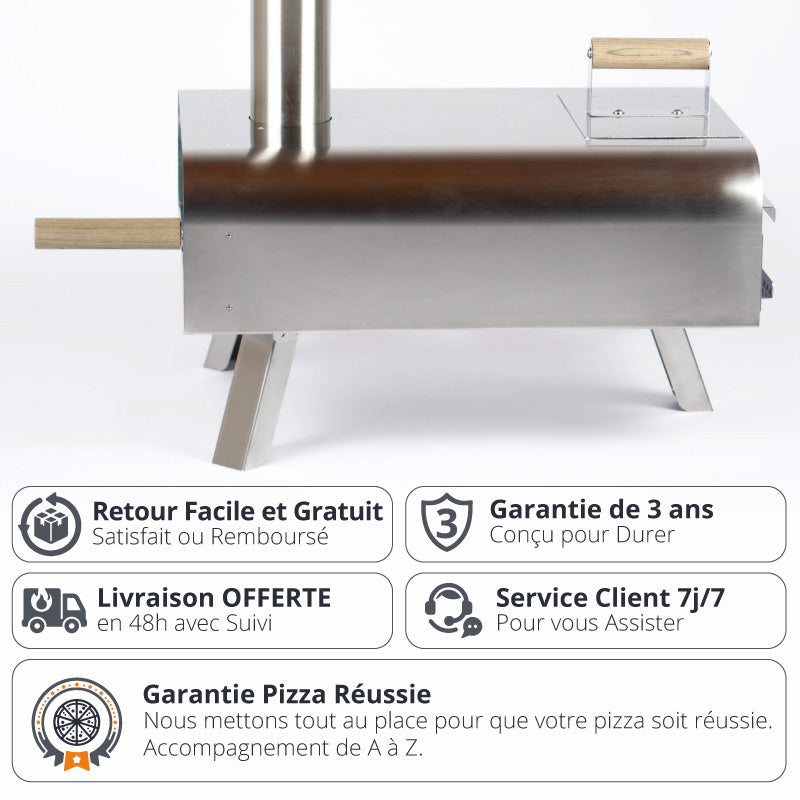 photo du four avec une vue de côté et des informations de livraison, garantie et service client